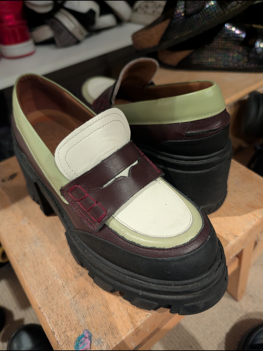 Ganni Triple-Color Chunky Penny Loafers — White, Burgundy & Lime - Picture 3 of 9